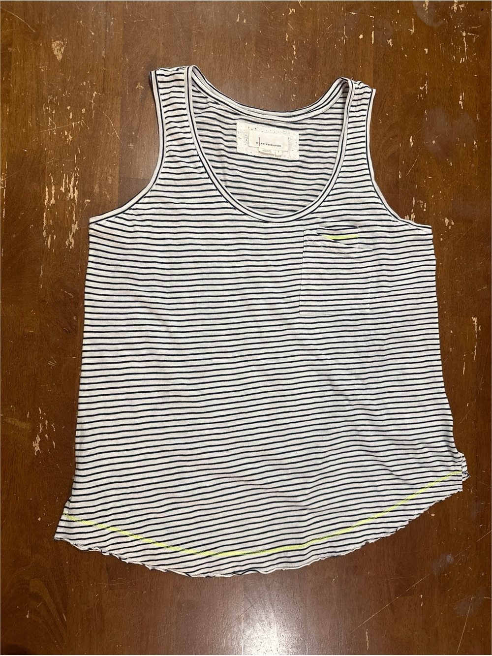 Anthropologie Striped Scoop Tank - White, Black & Neon Yellow Trim